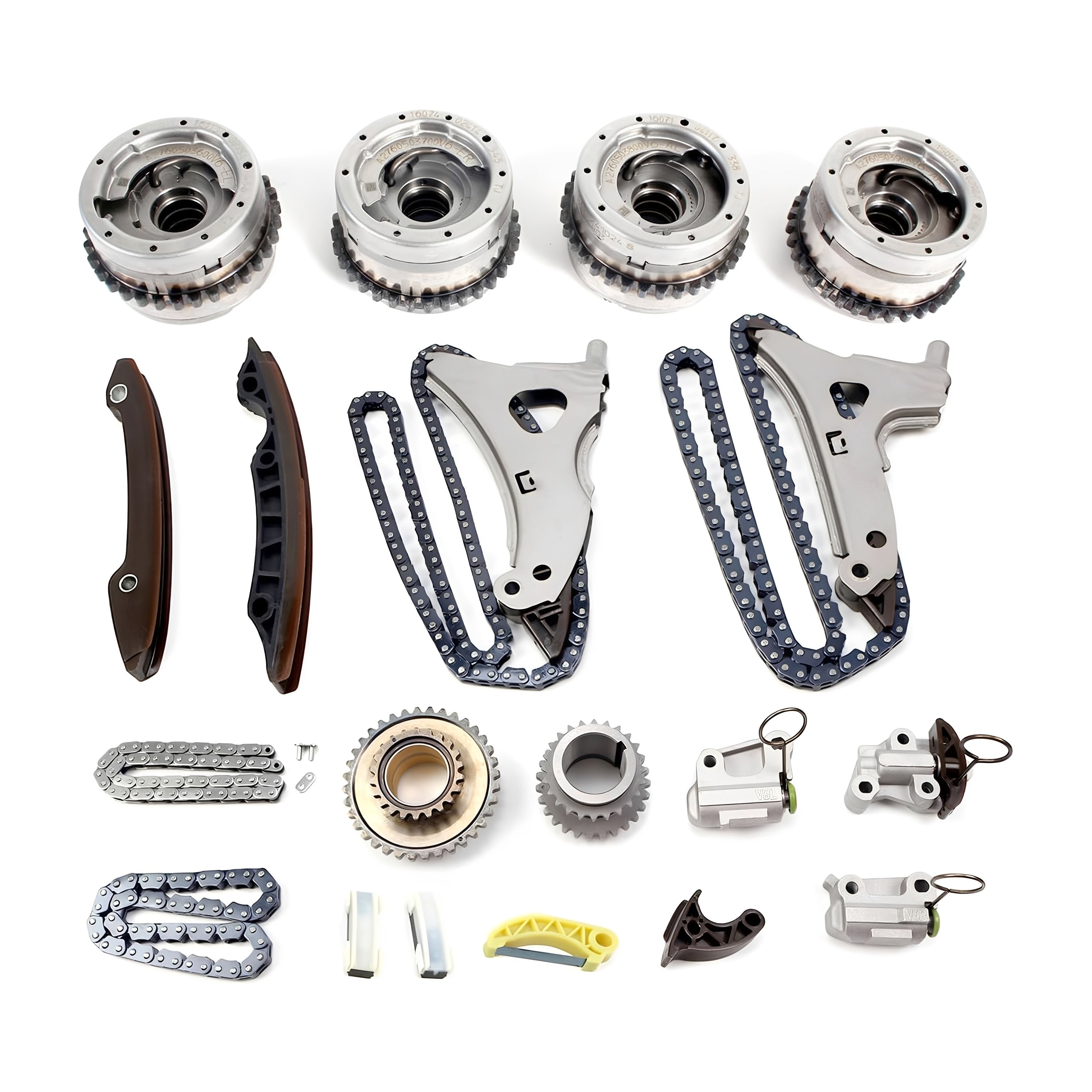 Timing chain kit components: metal sprockets, timing chains, guides, tensioners