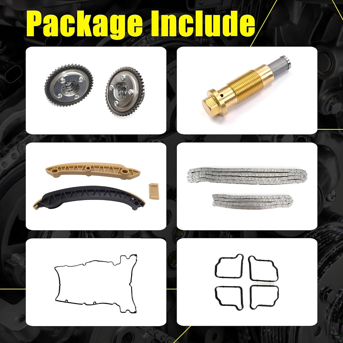 Timing chain kit package includes sprockets, chain guides, tensioner, and gasket set