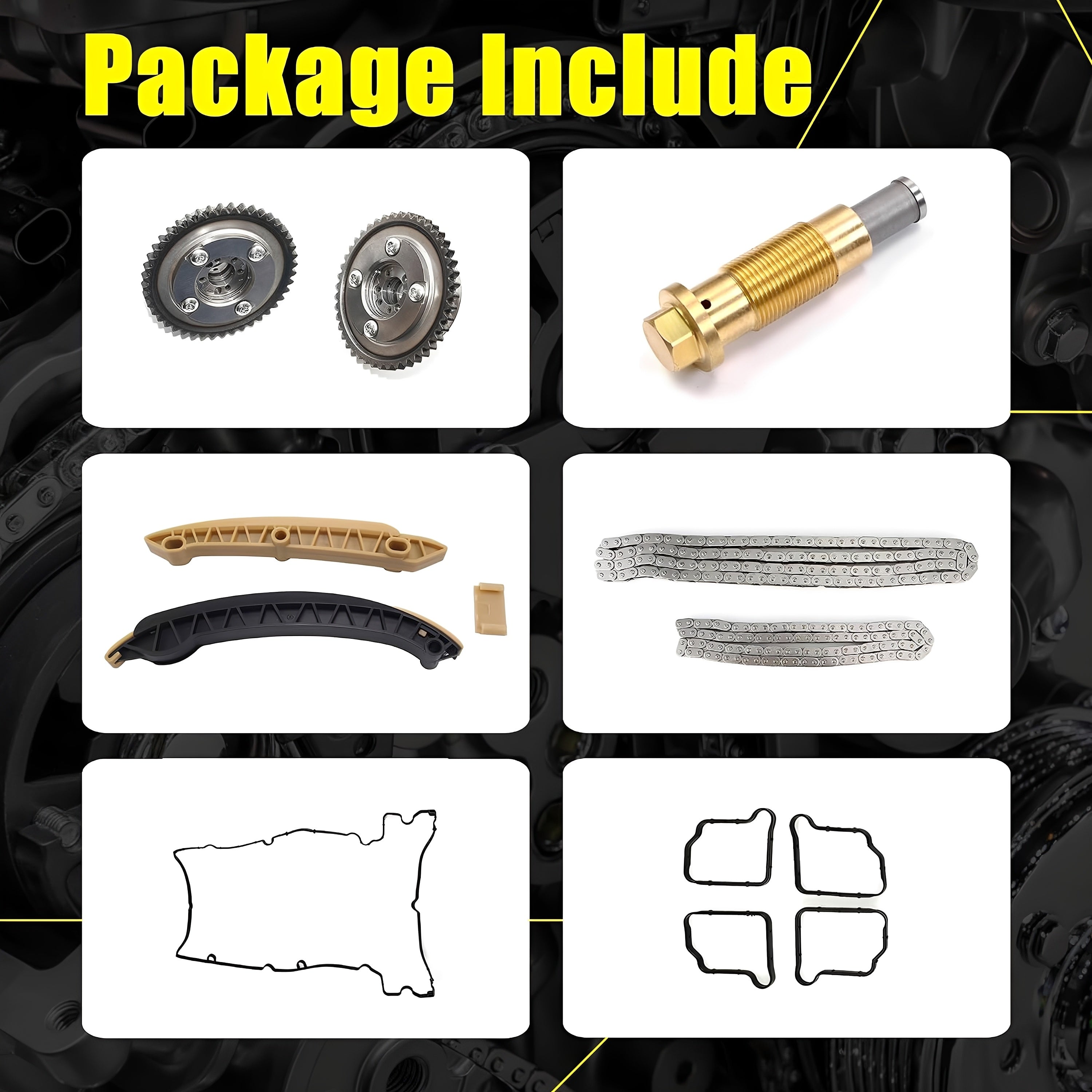 Timing chain kit package includes sprockets, chain guides, tensioner, and gasket set