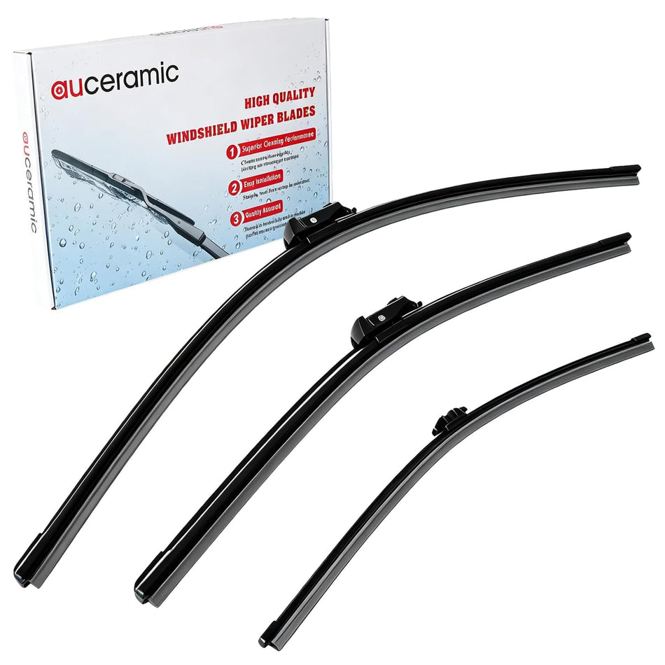 Set of three black wiper blades with curved rubber strips and mounting brackets