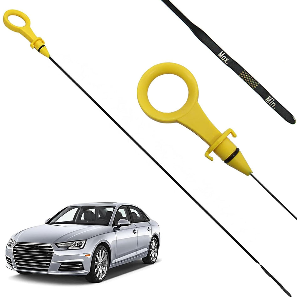 Yellow loop-handle engine oil dipstick with black rod and max/min markings