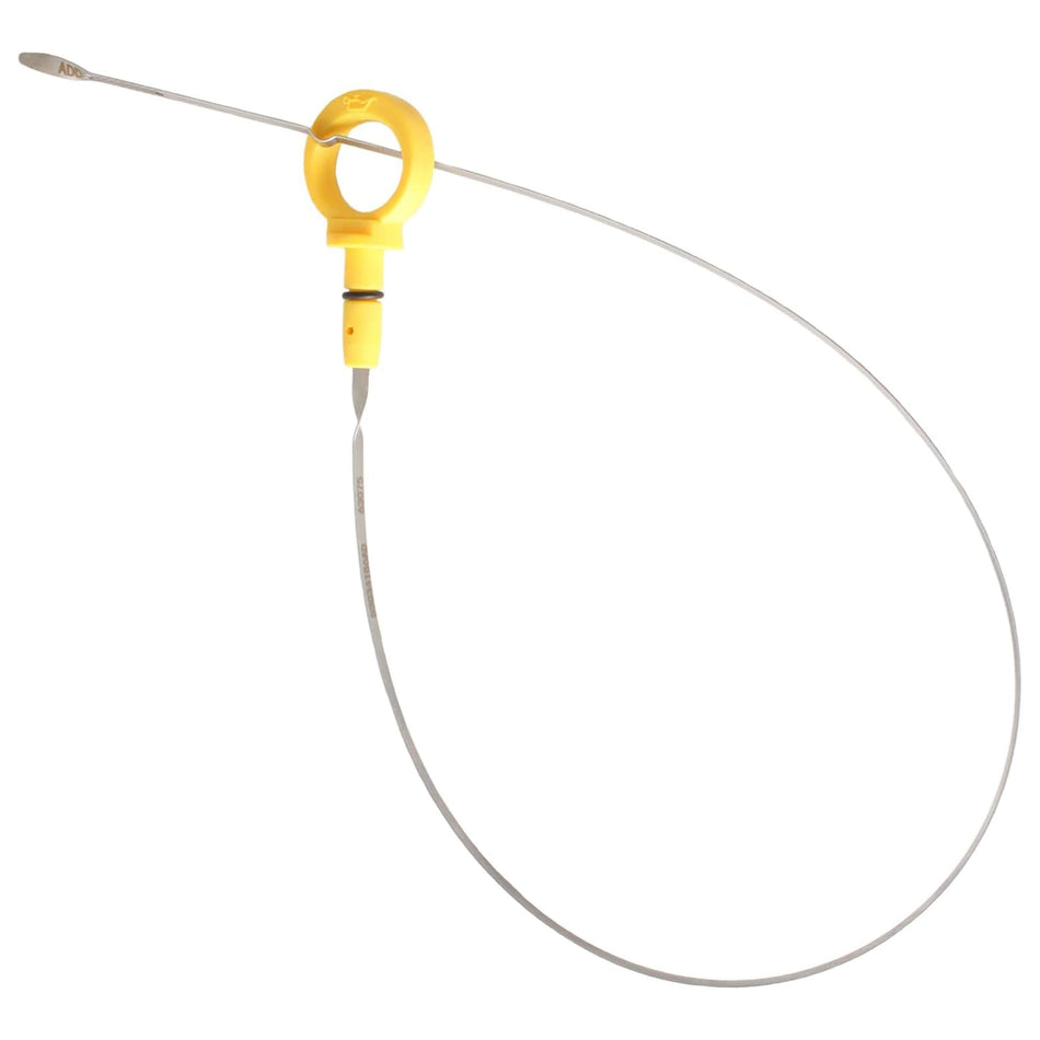 Engine oil dipstick with yellow loop handle and long gray metal shaft