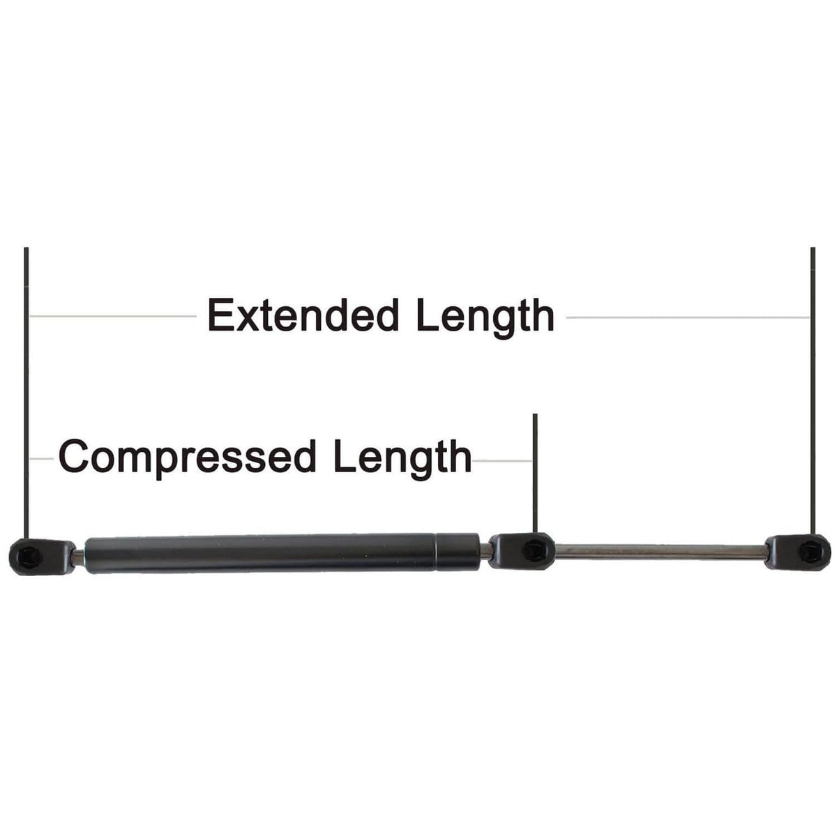 Trunk lift support showing compressed vs extended lengths with side end mounts.