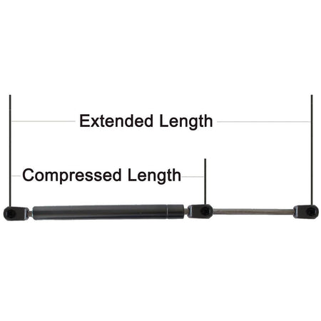 Trunk lift support showing compressed vs extended lengths with side end mounts.