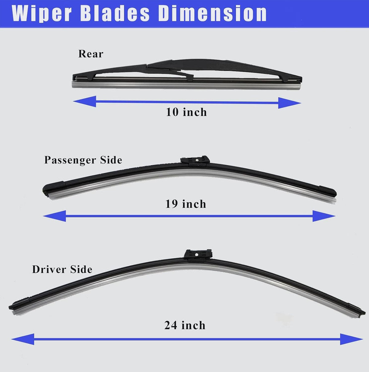 Windshield wiper blades set showing rear and side blade lengths, black frames
