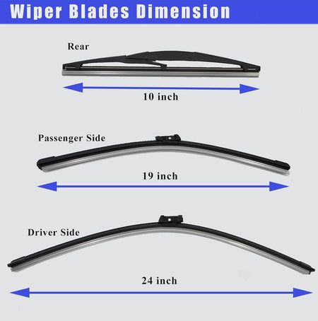 Windshield wiper blades set showing rear and side blade lengths, black frames