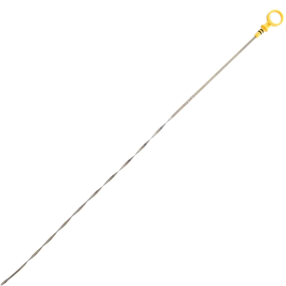 Engine oil dipstick with yellow ring handle and long stainless steel probe