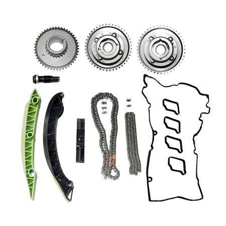 Timing chain kit parts: metal sprockets, timing chain, guide, and valve cover gasket