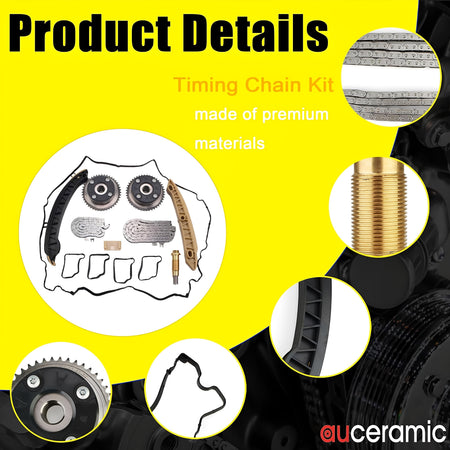 Timing chain kit detail graphic with chain link close-up and included sprockets