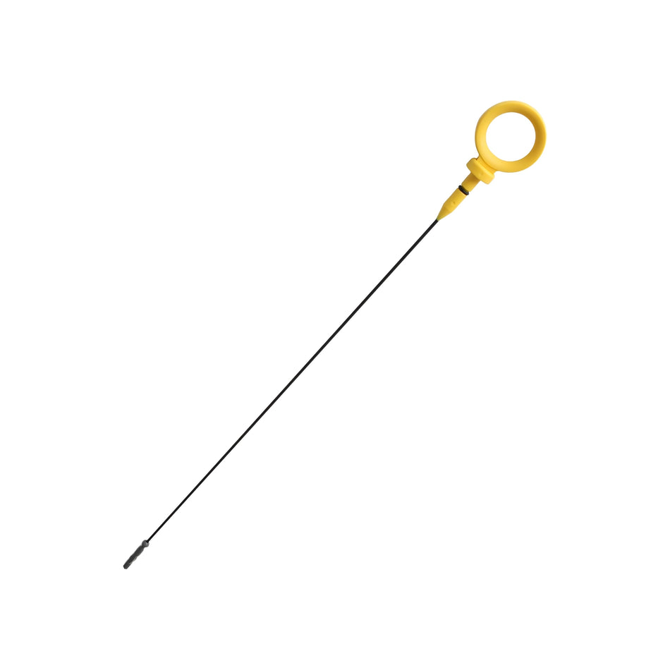 Engine oil dipstick with yellow loop handle and long black shaft