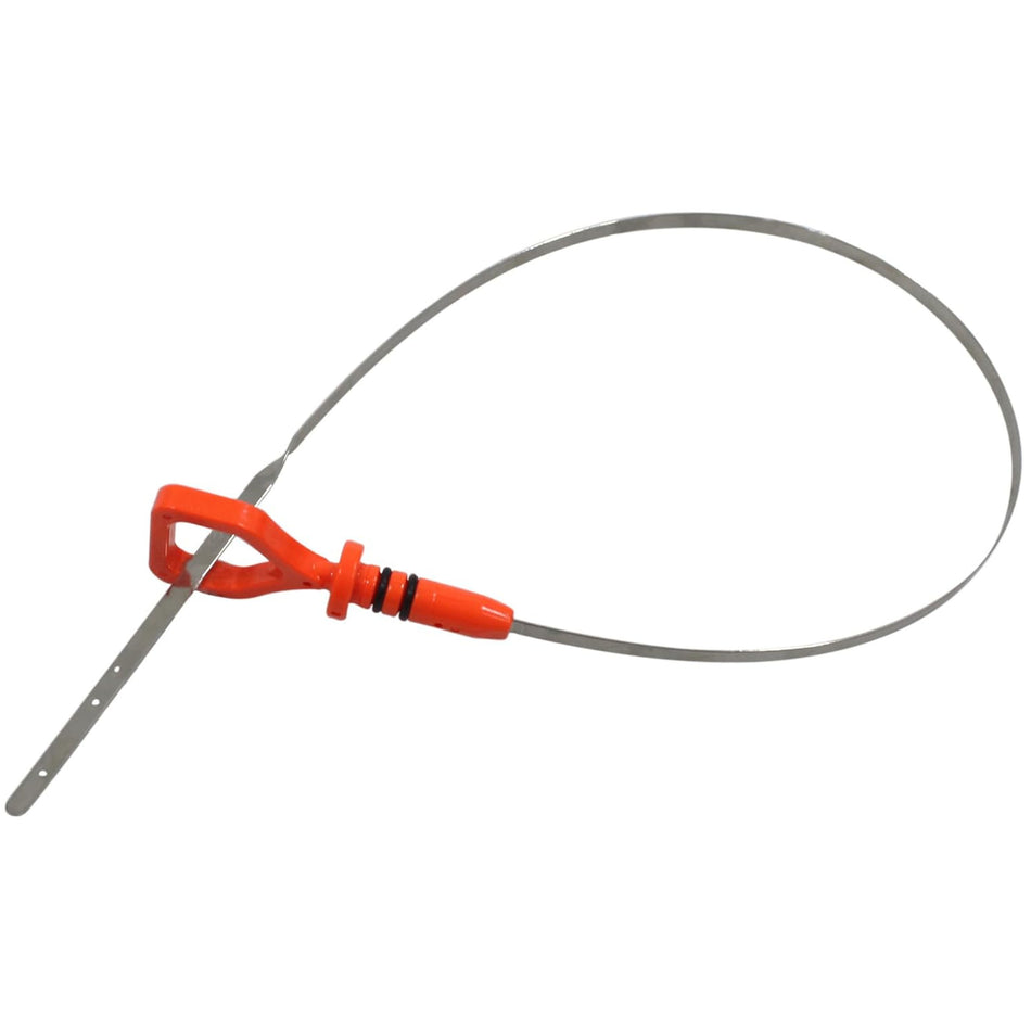 Engine oil dipstick with orange loop handle and curved gray metal shaft