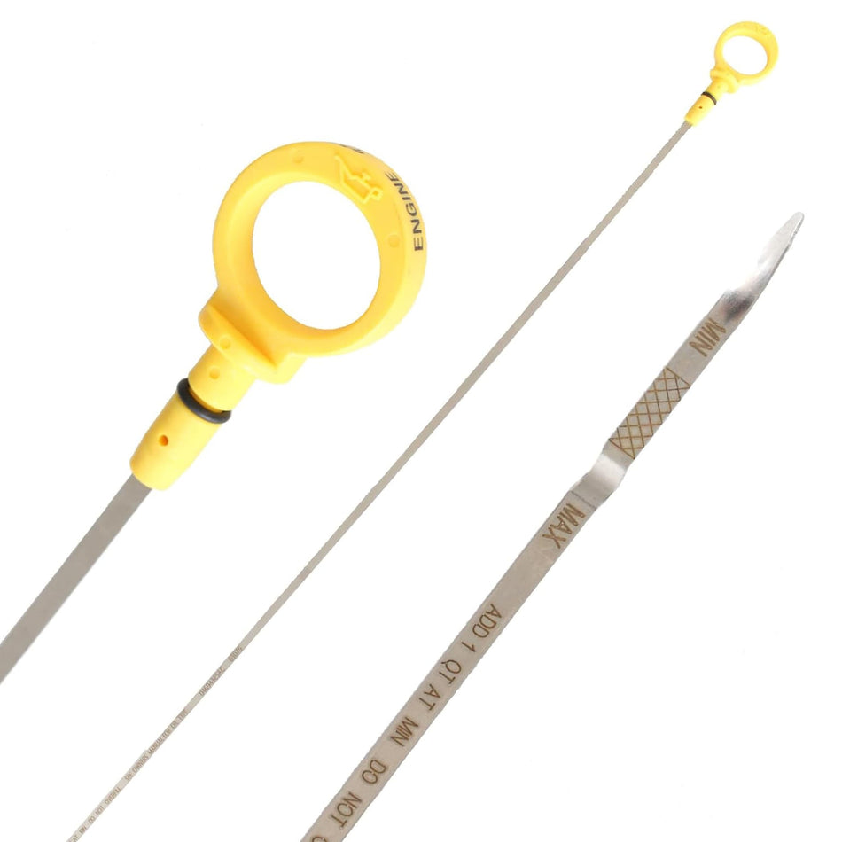 Engine oil dipstick with yellow handle and long metal probe with tip markings