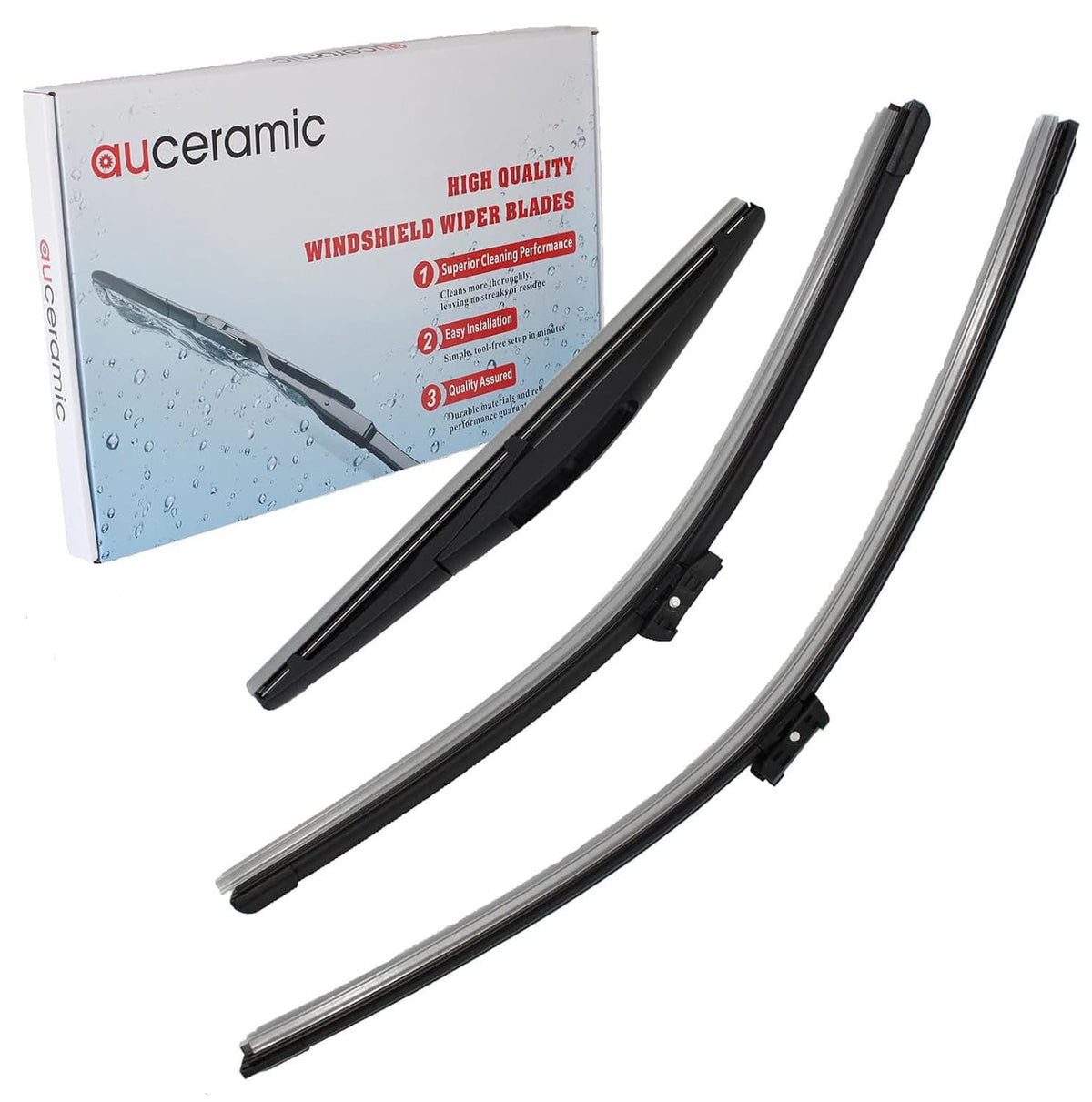 Windshield wiper blade set with packaging box and three black wiper blades
