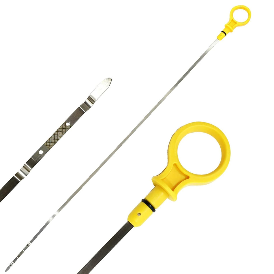 Engine oil dipstick with yellow loop handle and long metal probe shaft
