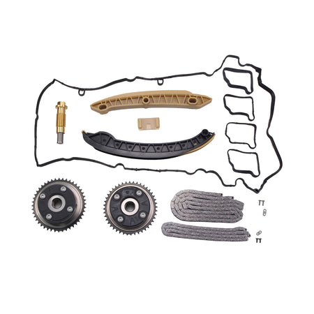 Timing chain kit parts set with sprockets, guides, gaskets, and tensioner hardware