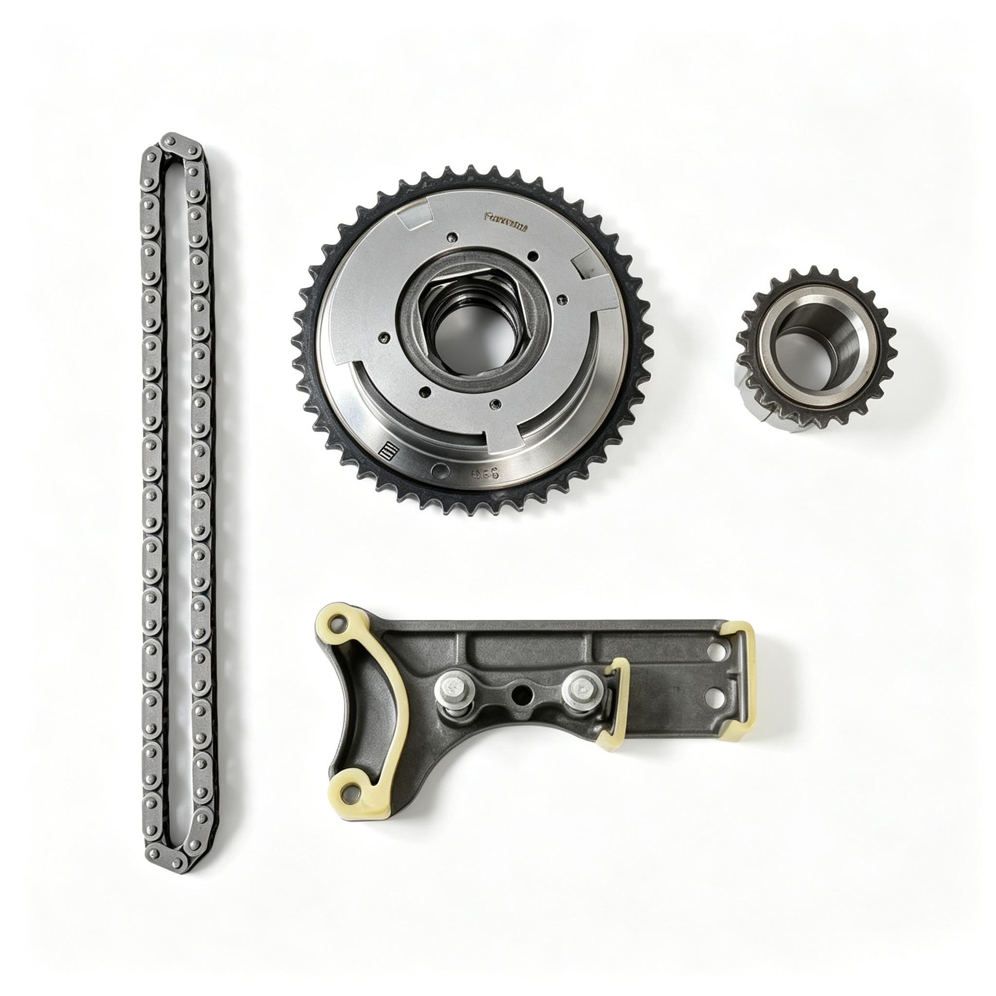 VVT timing chain kit with sprockets, metal chain links, and tensioner guide