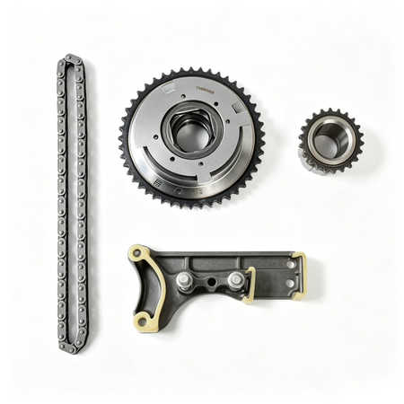 VVT timing chain kit with sprockets, metal chain links, and tensioner guide