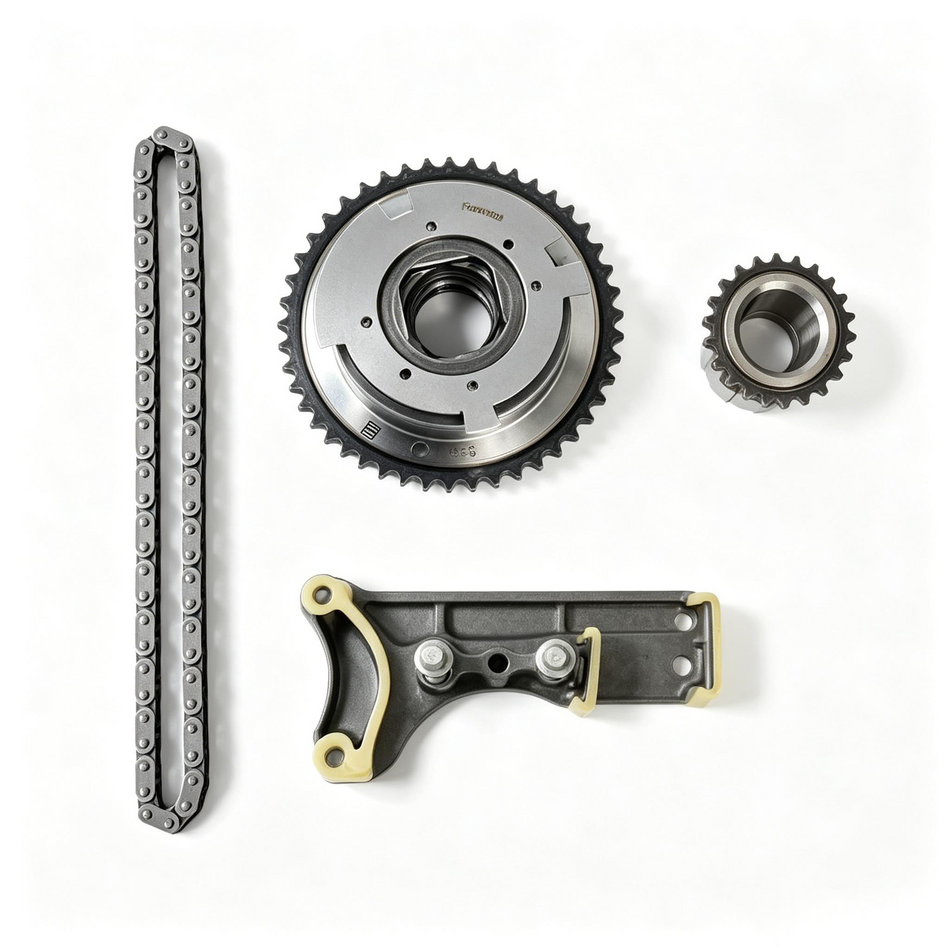 VVT timing chain kit with sprockets, metal chain links, and tensioner guide