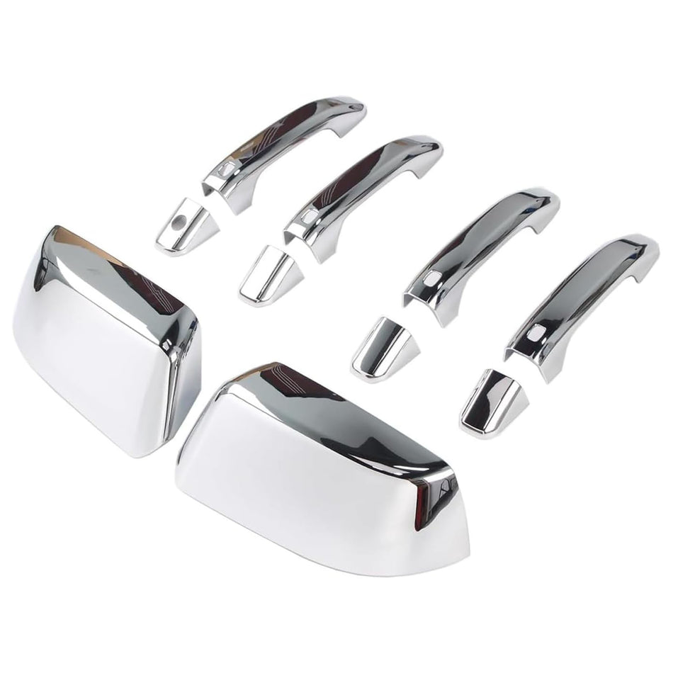 Chrome mirror caps and door handle covers set, polished silver pieces