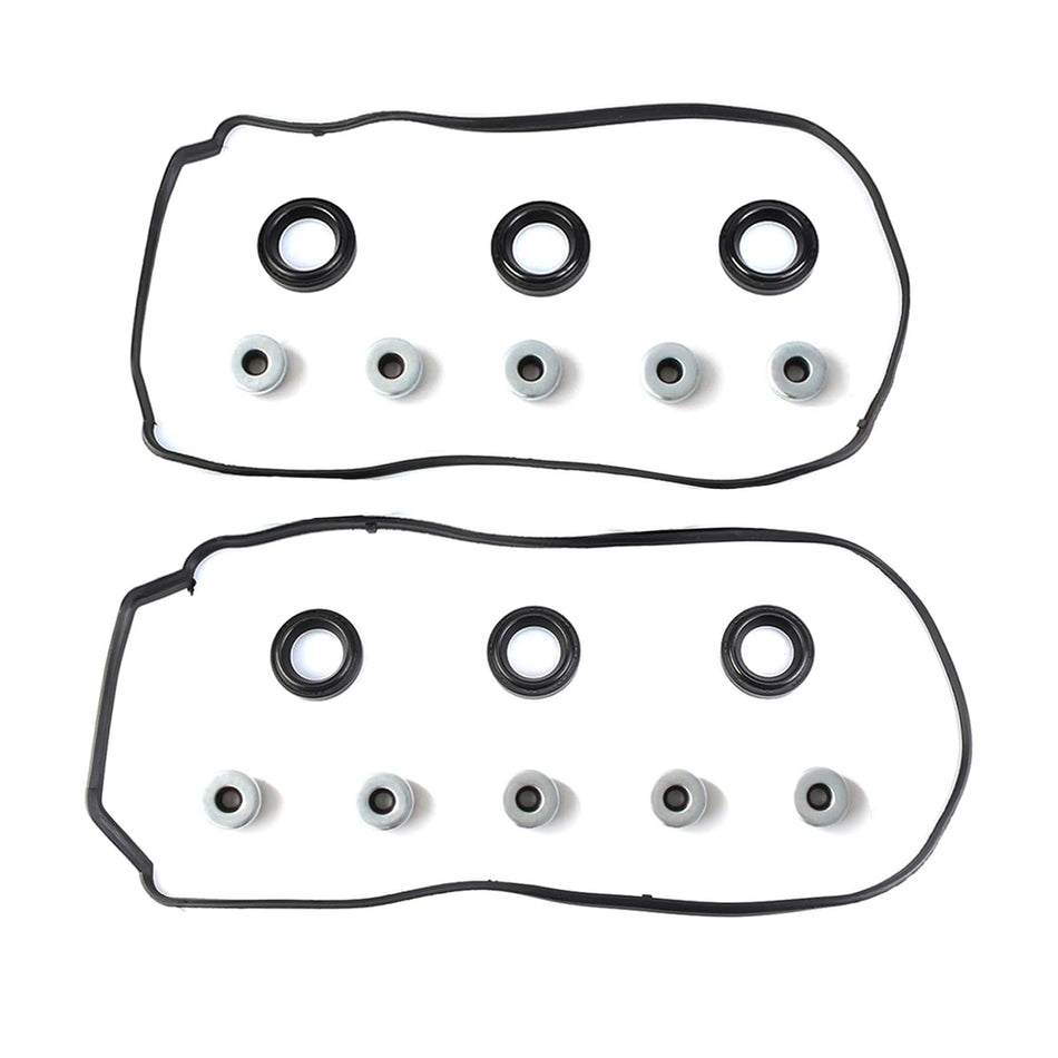 Valve cover gasket set with two gasket seals and multiple round grommets on white background