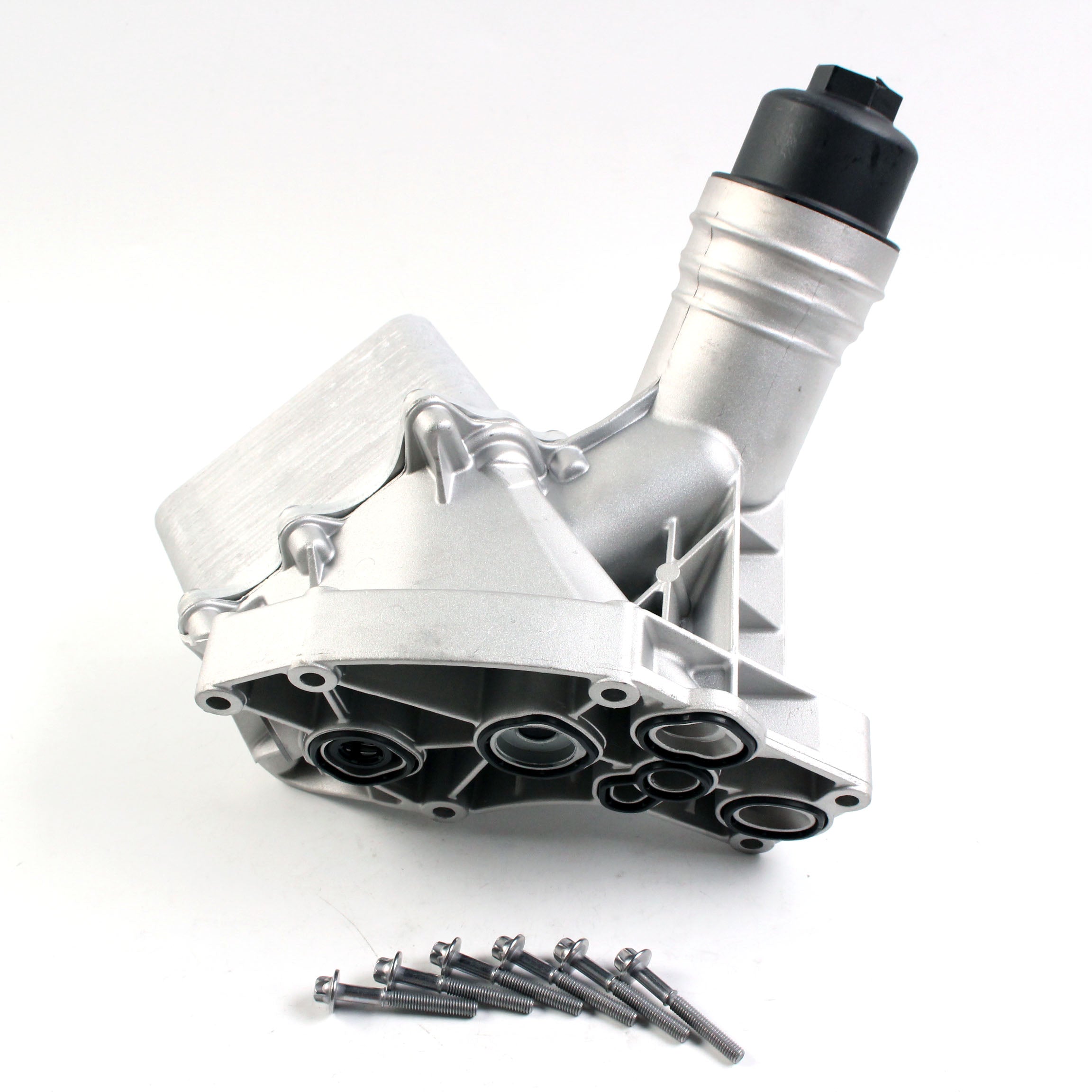 Aluminum engine oil filter housing with multiple ports and included screws