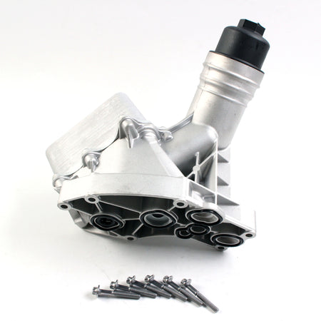 Aluminum engine oil filter housing with multiple ports and included screws