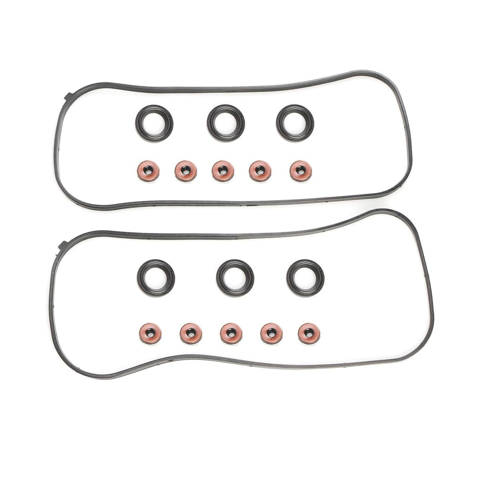 Valve cover gasket set layout: two gaskets with copper seals and metal grommets