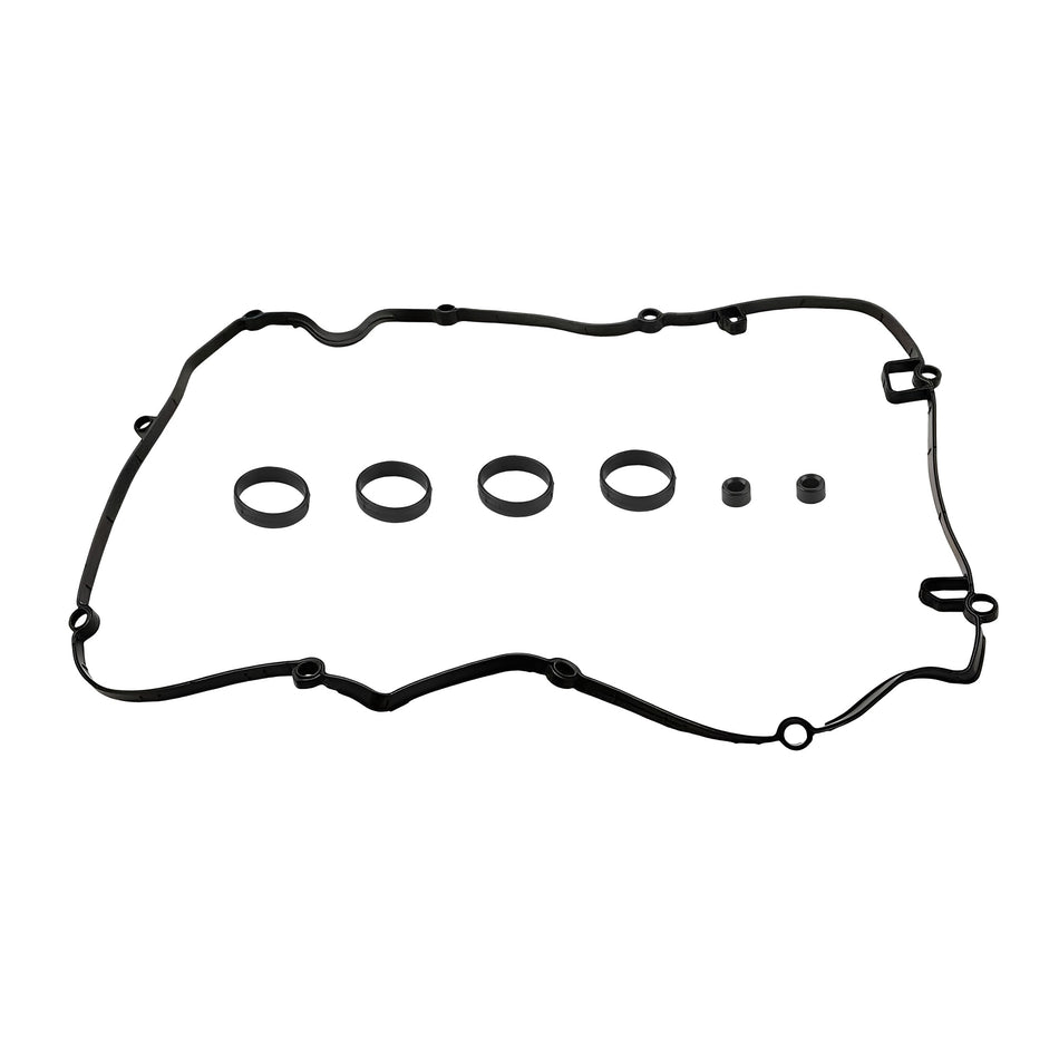 Valve cover gasket set with molded seal and four O-rings, black rubber