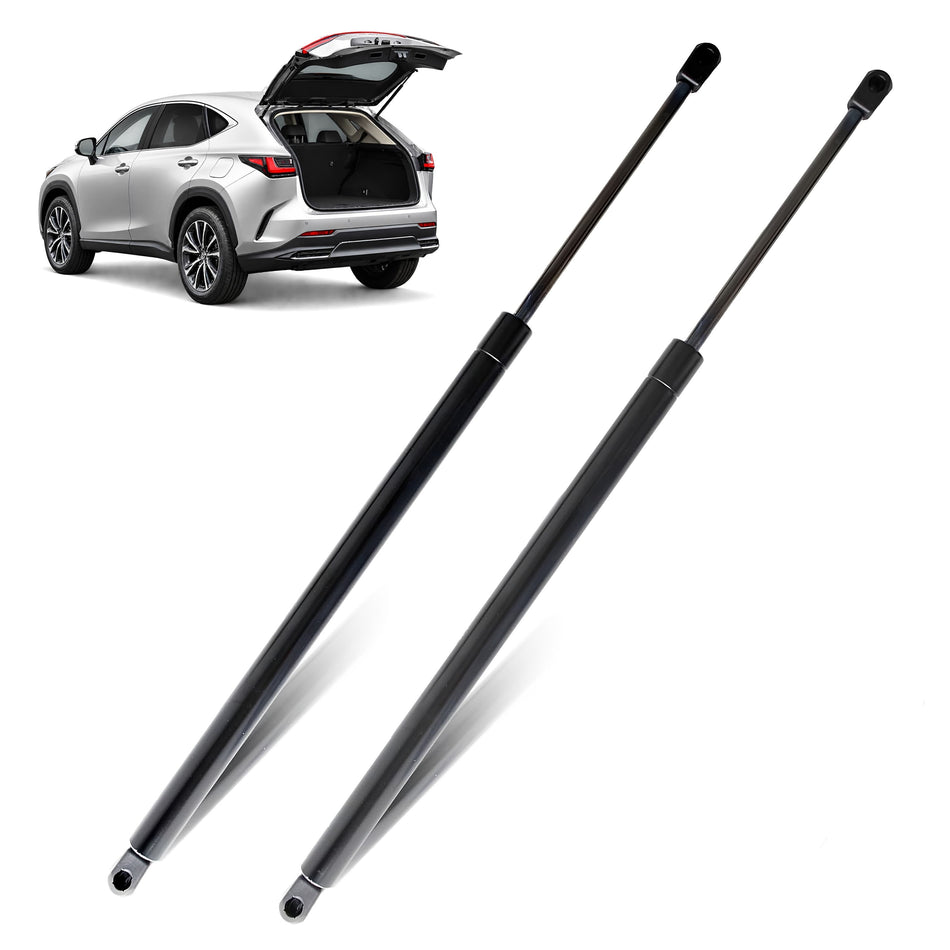 Pair of rear trunk hatch lift supports with black gas spring rods and silver ball ends