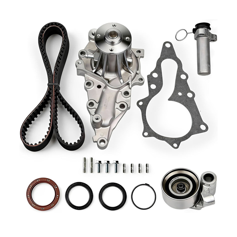 Car timing belt kit with water pump, belt, seals, gaskets, bolts, and tensioner pulley