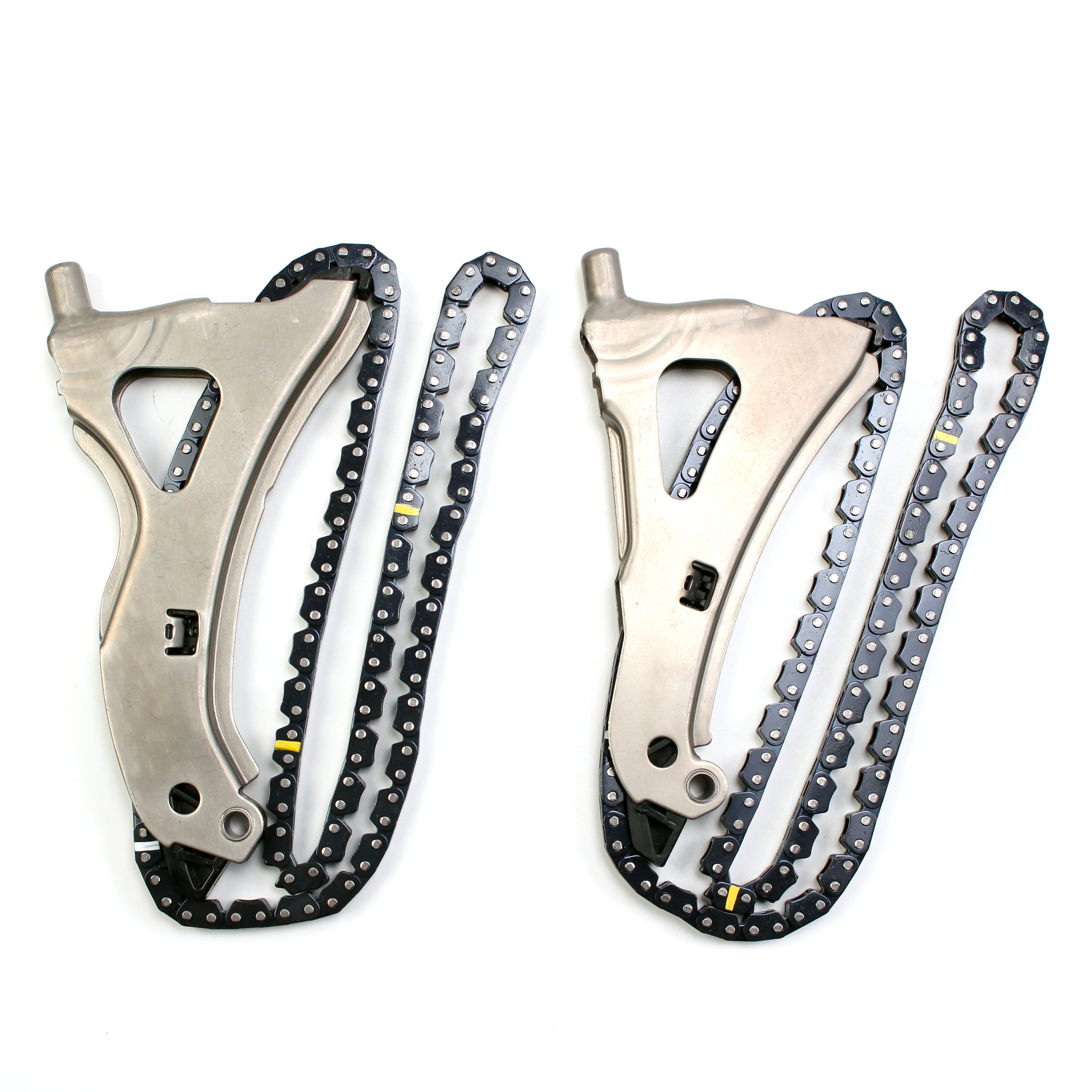 Timing chain kit guide plates with roller chains and sprocket teeth, metal and black