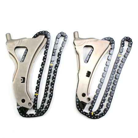 Timing chain kit guide plates with roller chains and sprocket teeth, metal and black