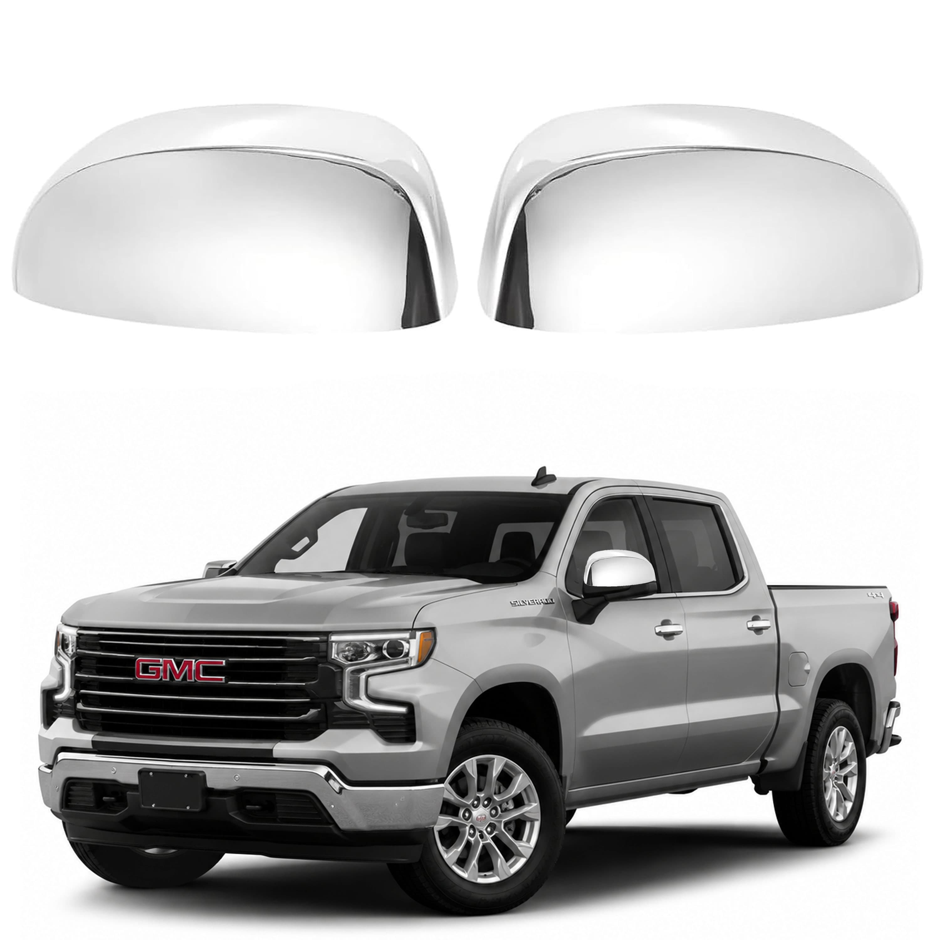 Chrome top half mirror covers pair on a pickup truck side mirror housing