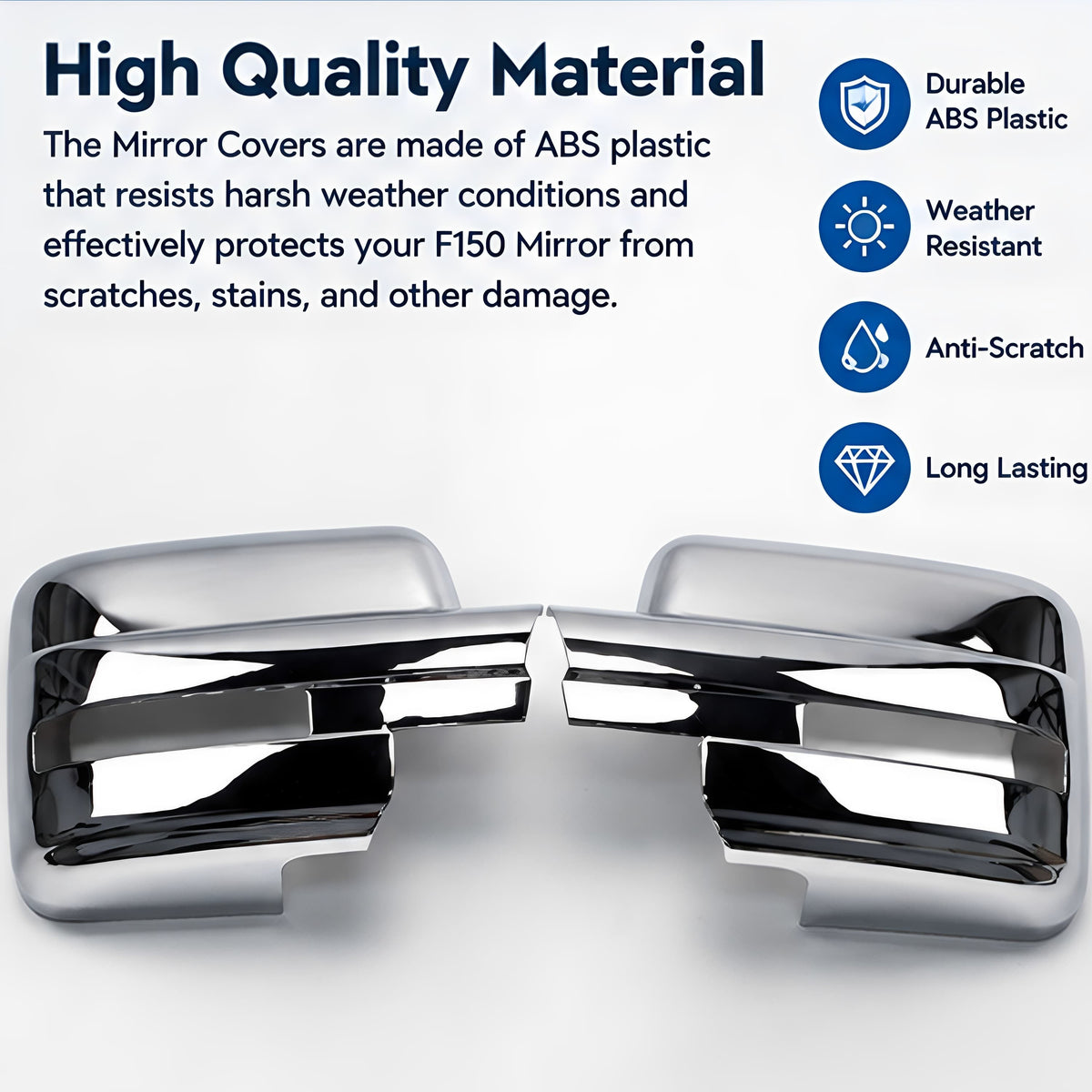 Pair of chrome mirror covers with smooth glossy finish and center emblem detail