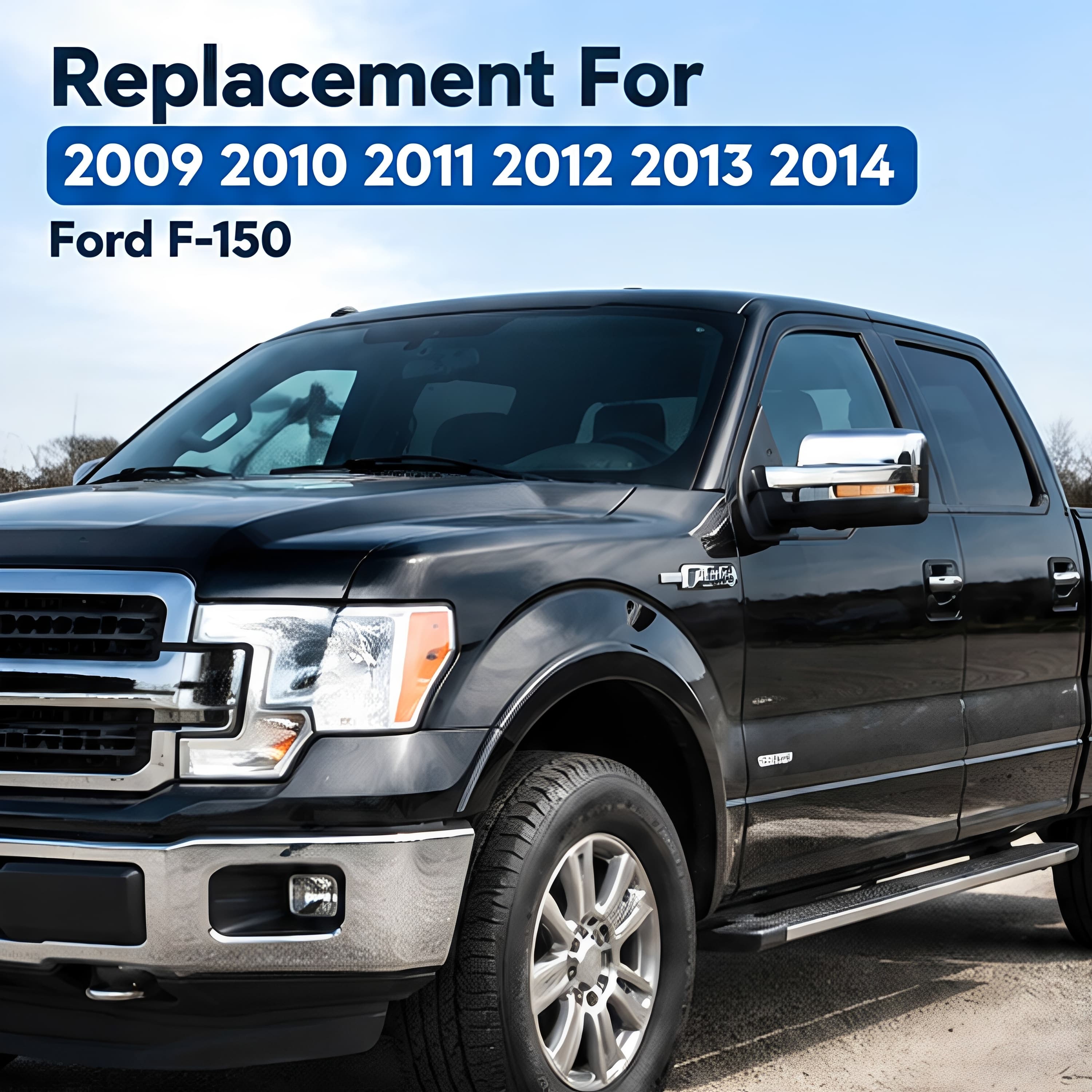 Black pickup truck with chrome mirror cover replacements on both side mirrors