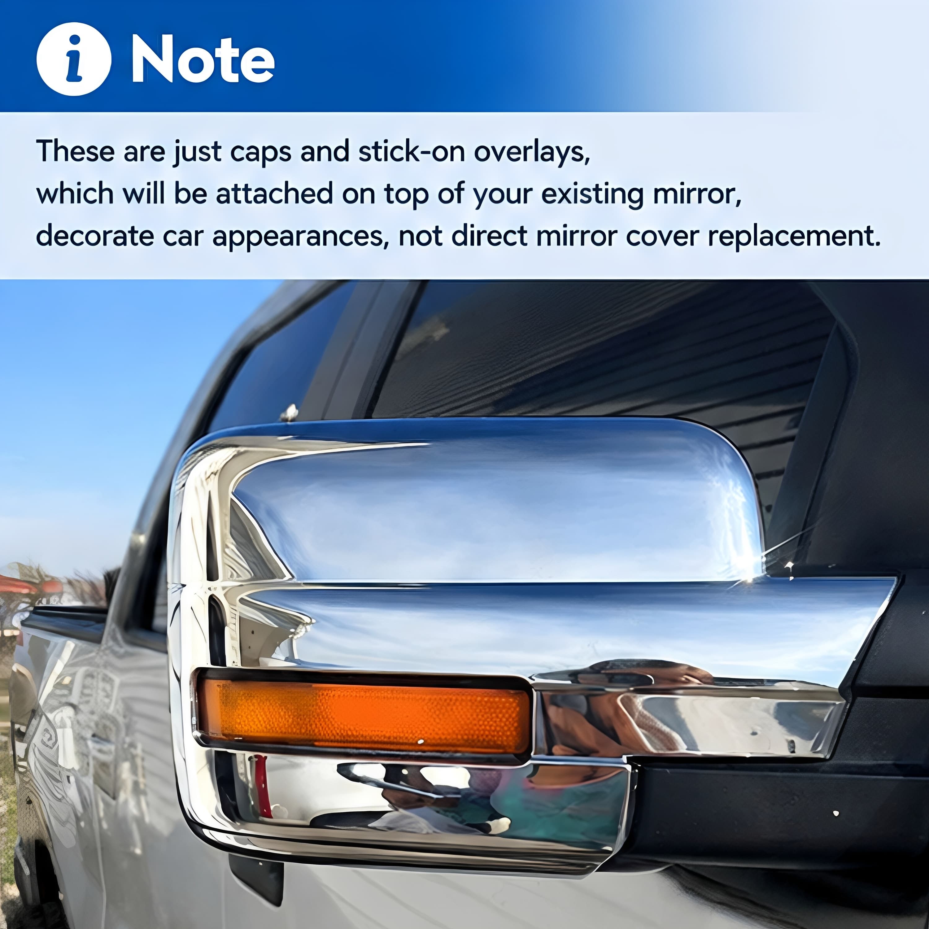 Chrome mirror cap overlay fitted on a side mirror with reflective trim and housing