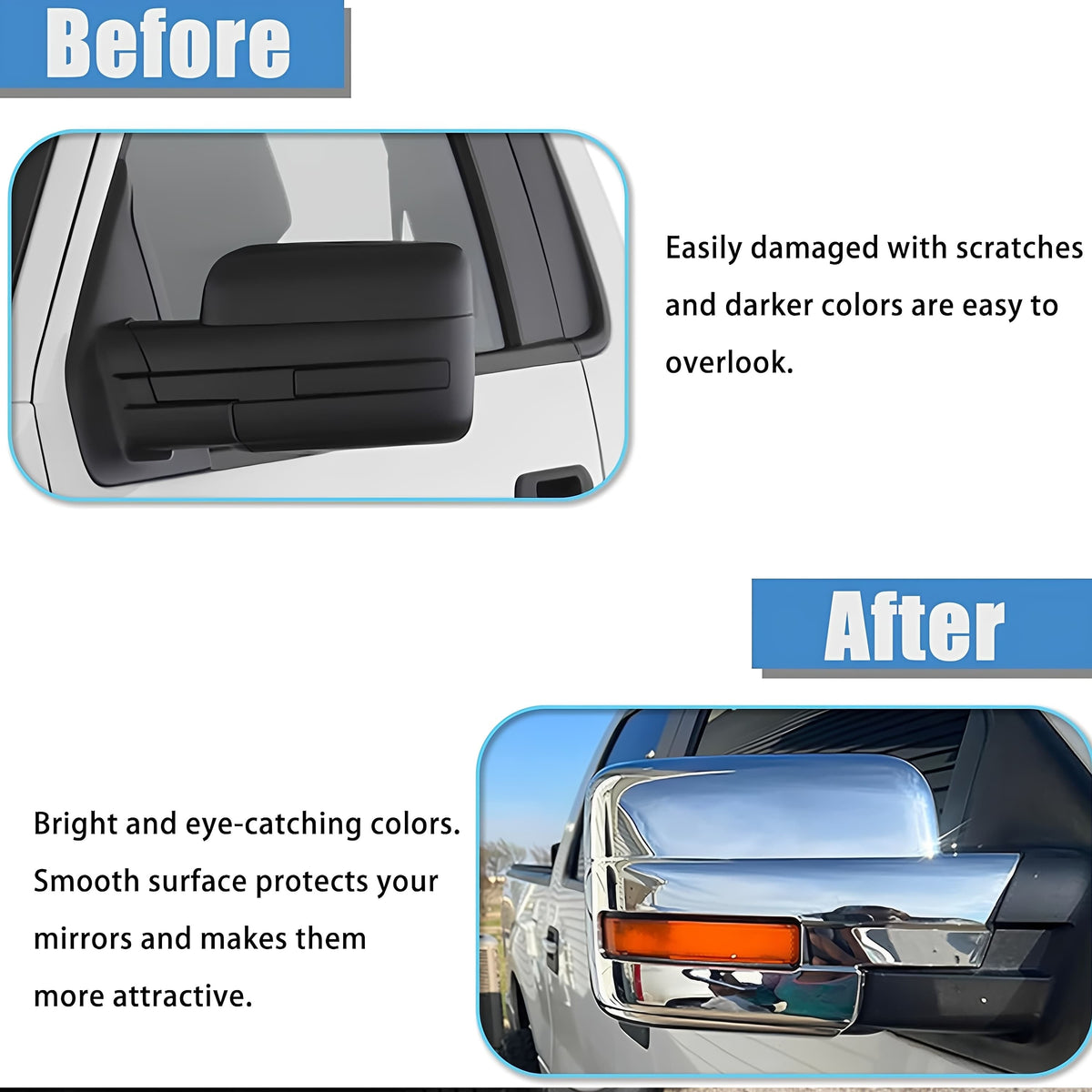 Before and after view of chrome mirror covers showing bright reflective surface