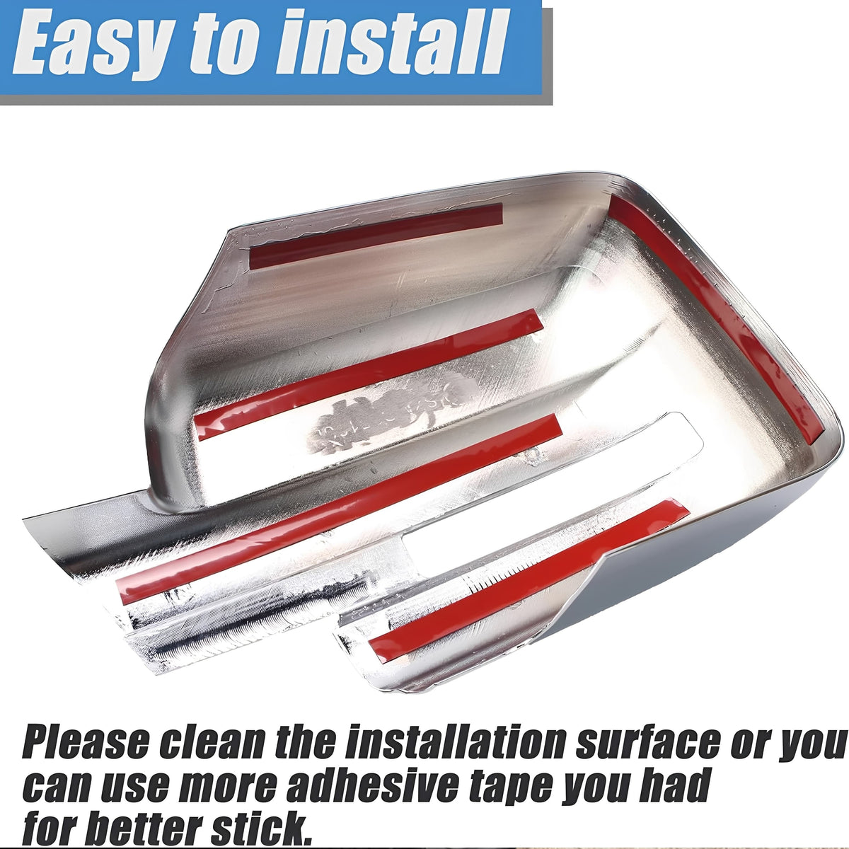 Chrome mirror cover overlay piece with red protective tape and adhesive-ready backing