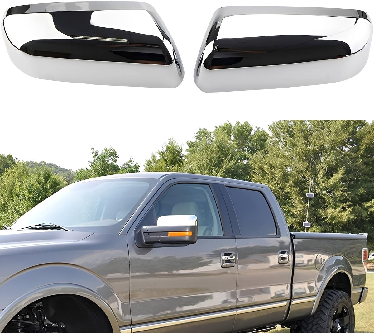 Chrome mirror cover caps with glossy black trim, mounted on a pickup side mirror.