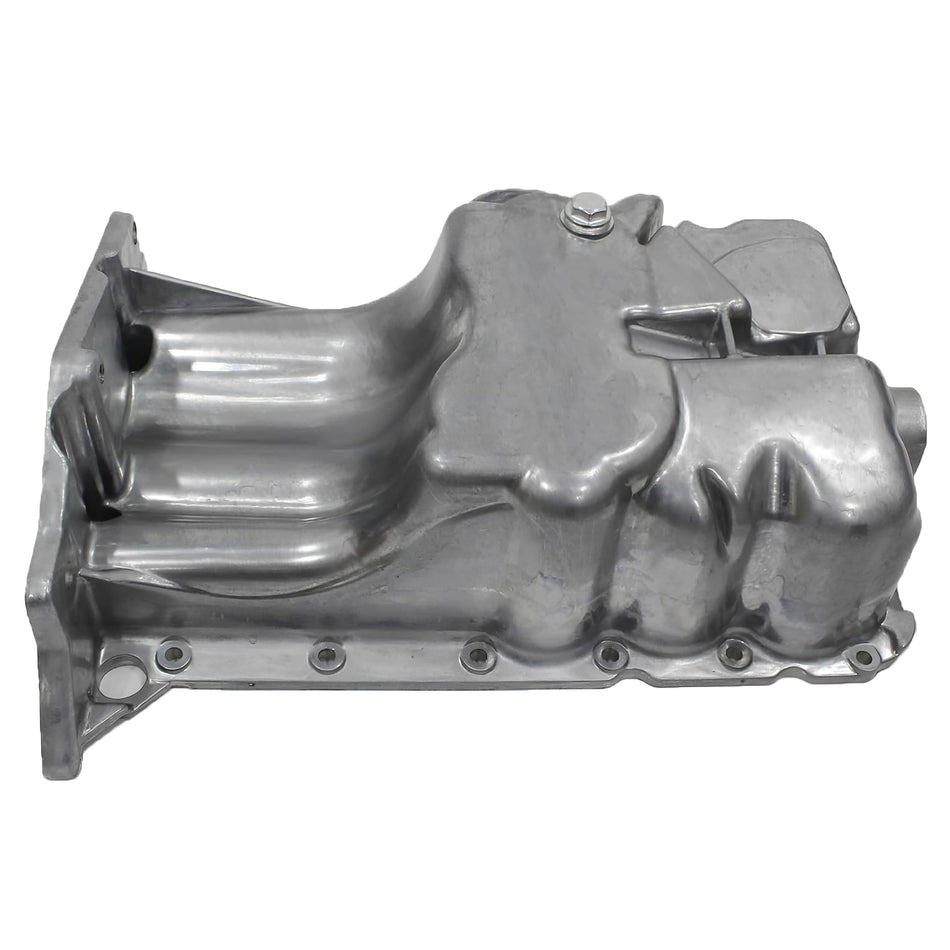 Silver metal engine oil pan with mounting holes and drain plug opening
