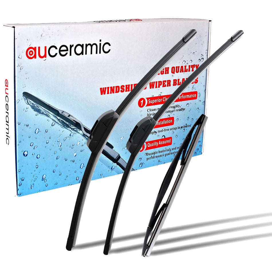 Auceramic wiper blade packaging with two black windshield wiper blades