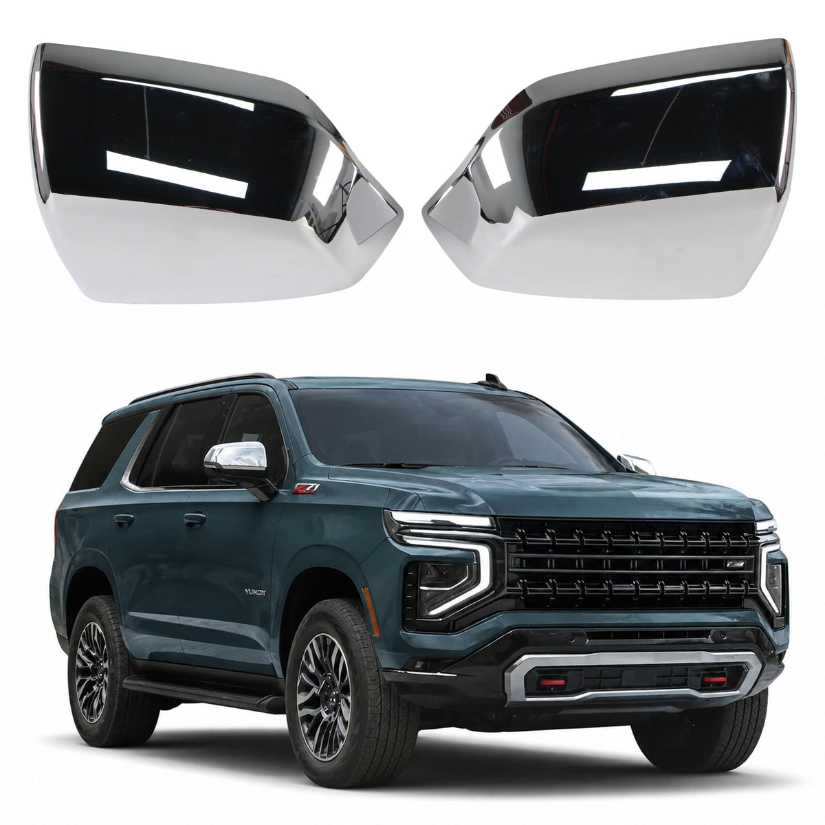 Pair of glossy chrome side mirror covers with dark tinted reflective panels