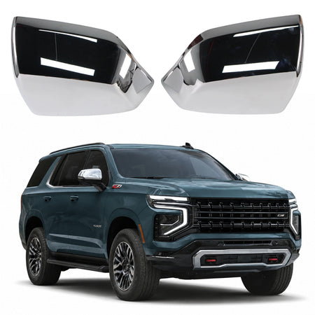 Pair of glossy chrome side mirror covers with dark tinted reflective panels