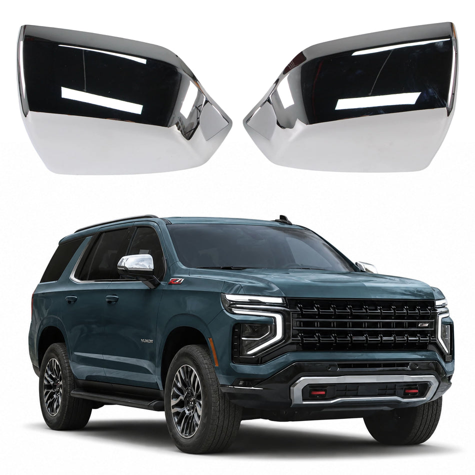 Pair of glossy chrome side mirror covers with dark tinted reflective panels