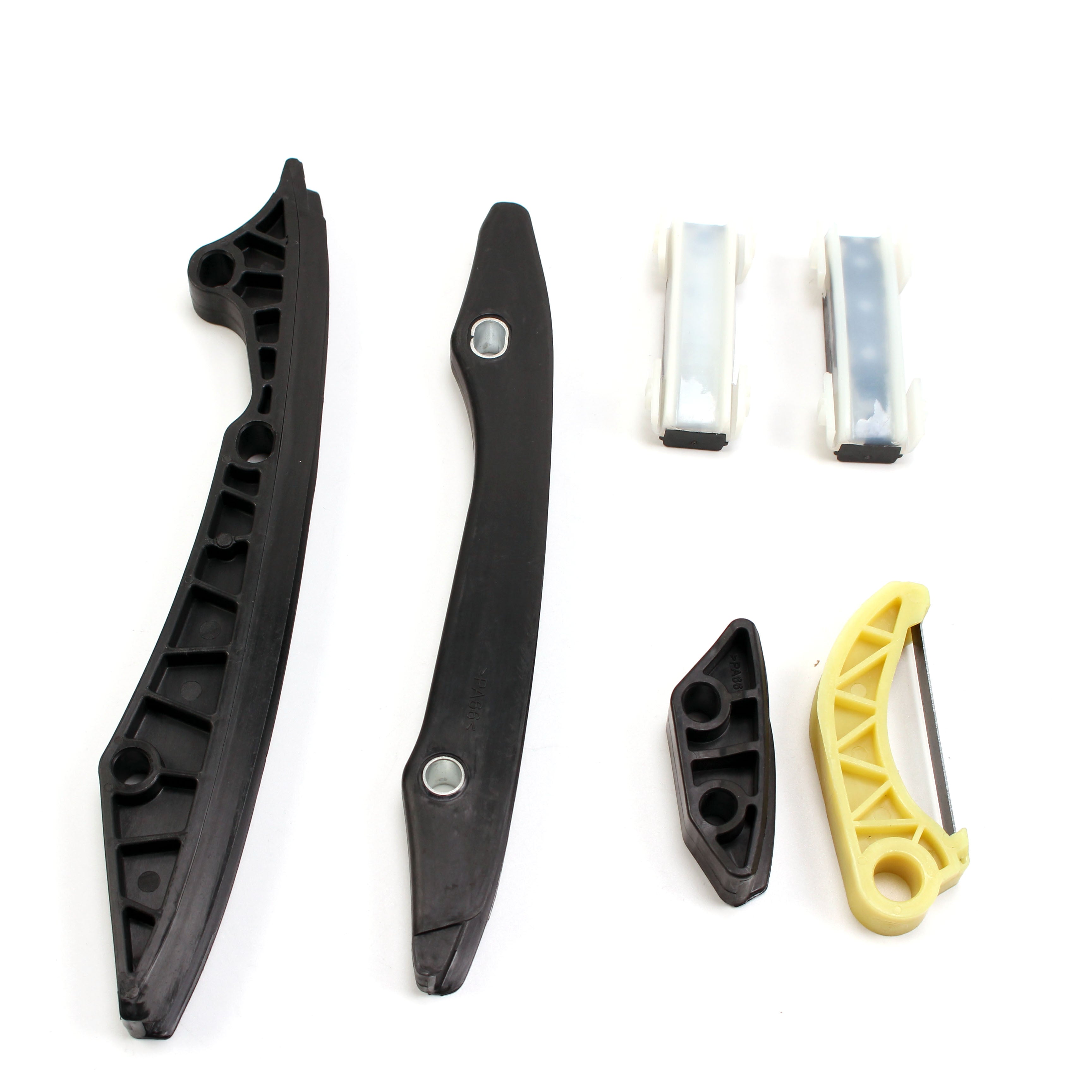 Timing chain kit guide rails and tensioner parts: black, gray, and yellow plastic