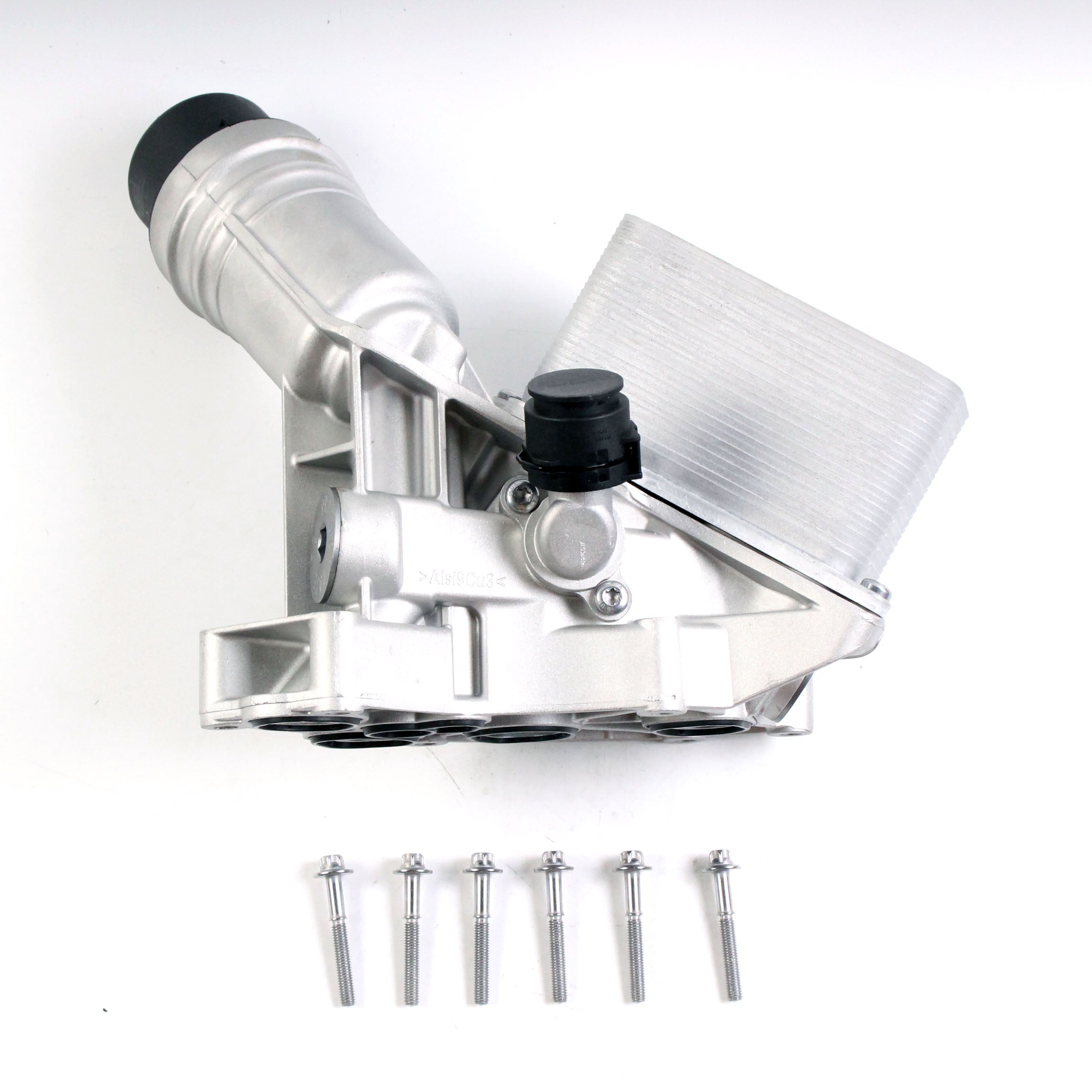Aluminum engine oil filter housing with filter element, valve, and mounting screws