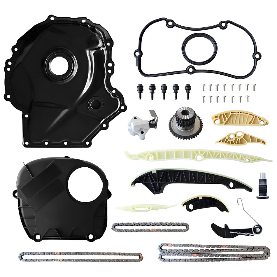 Timing chain kit components: dark covers, two chains, sprockets, bolts and gaskets.
