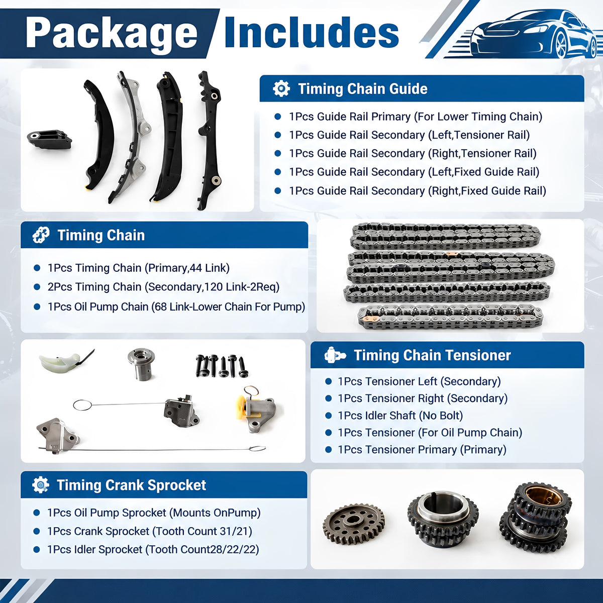 Timing chain kit parts set with guide rails, timing chain components, and tensioner
