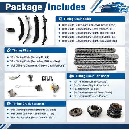 Timing chain kit parts set with guide rails, timing chain components, and tensioner