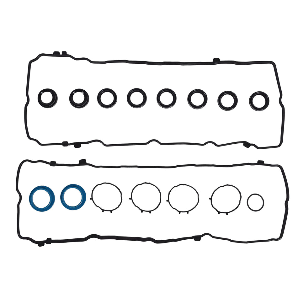 Valve cover gasket set with two gasket sheets and multiple round seal rings